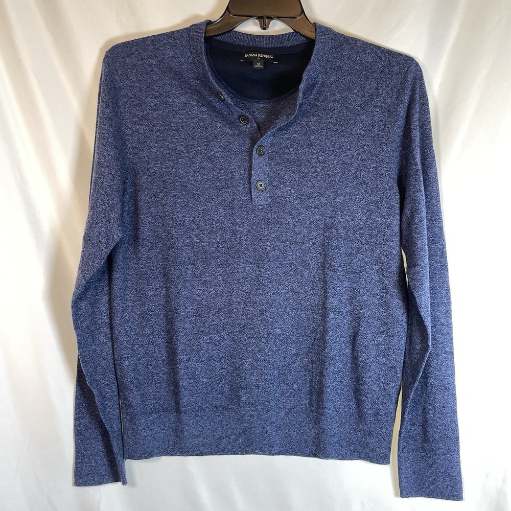 Banana Republic Henley Shirt Medium 100% Cotton Heathered Navy Blue Button-front